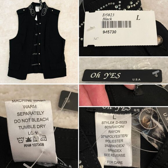 Oh Yes Black Sleeveless Chain Metallic Button Vest Womens L with Rhinestones - Picture 9 of 12